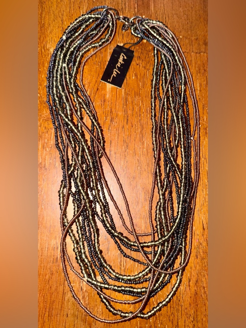 Multi-Strand Beaded Adjustable Necklace in Black/Tan/Olive-NWT